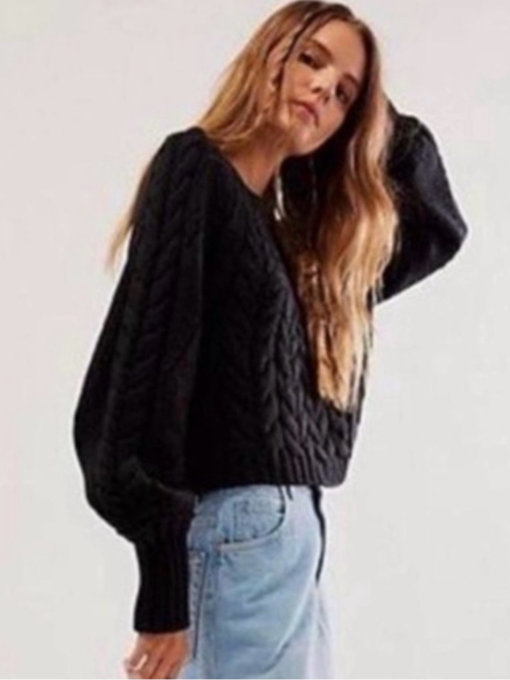Free People Black Cable Crewneck Sweater